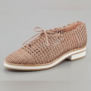 Stuart Weitzman Jazzygirl Woven Raffia Lace-Up Oxfords Blush Beige Flats Sz 6.5